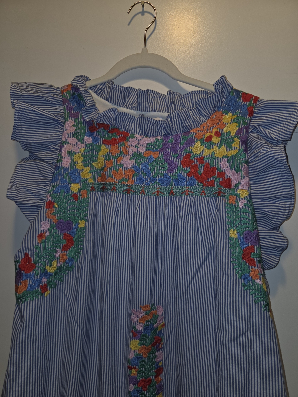 Blue Pinstripe Casual Midi Dress with Multicolor Floral Smocking - Picture 3 of 13